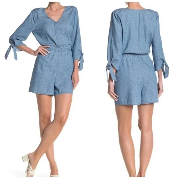NWT Susina Romper Chambray Geo Tie Sleeve Button Up Size XXS (fits like a S) - Picture 2 of 9